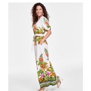 Linen Blend Tropical Print V-Neck Maxi Dress